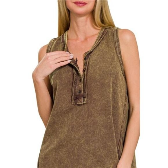 Zenana Washed Half-Button Raw Edge Sleeveless Henley Top - Picture 2 of 3